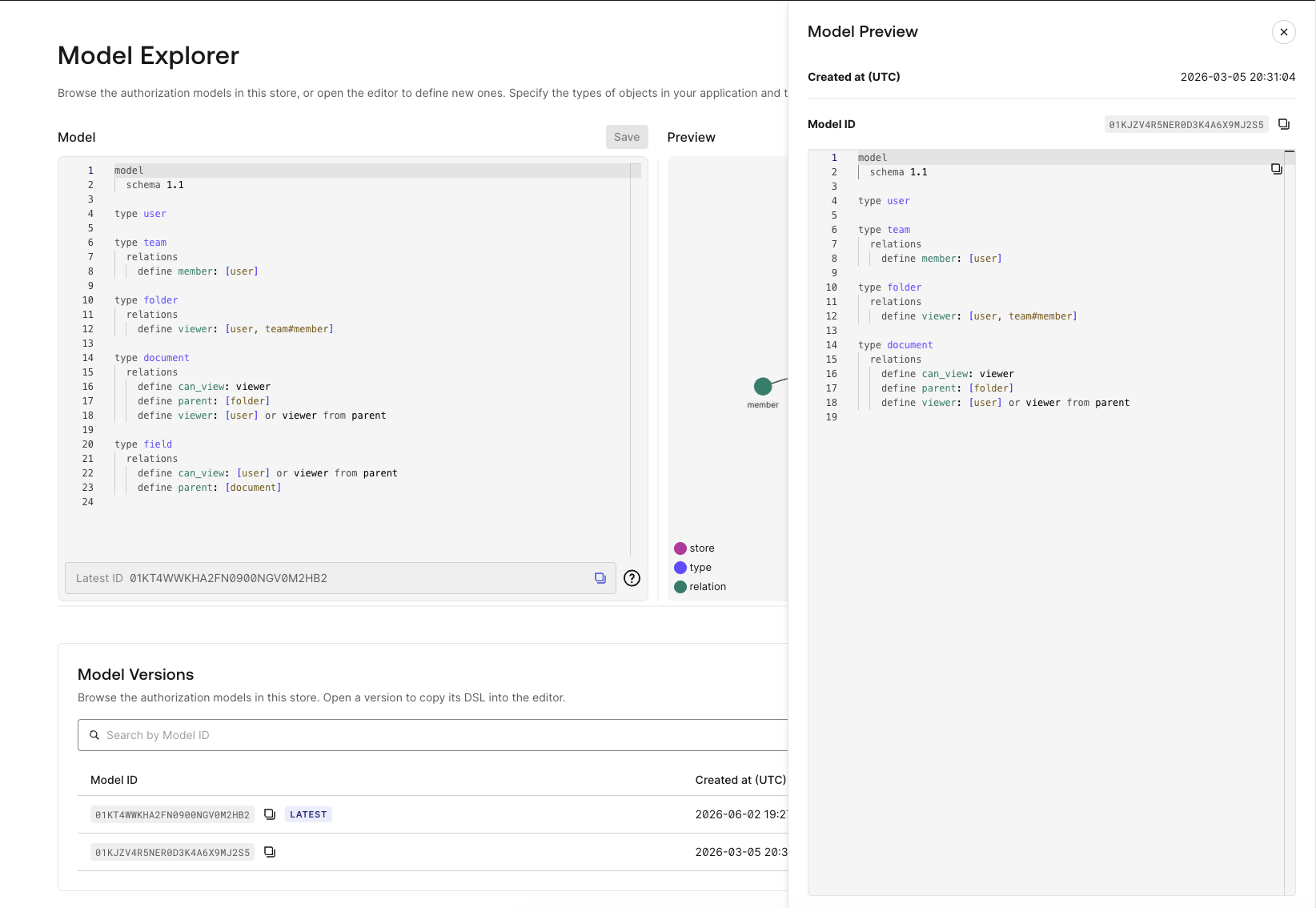 Image showing the Model Versions list and Model Preview panel