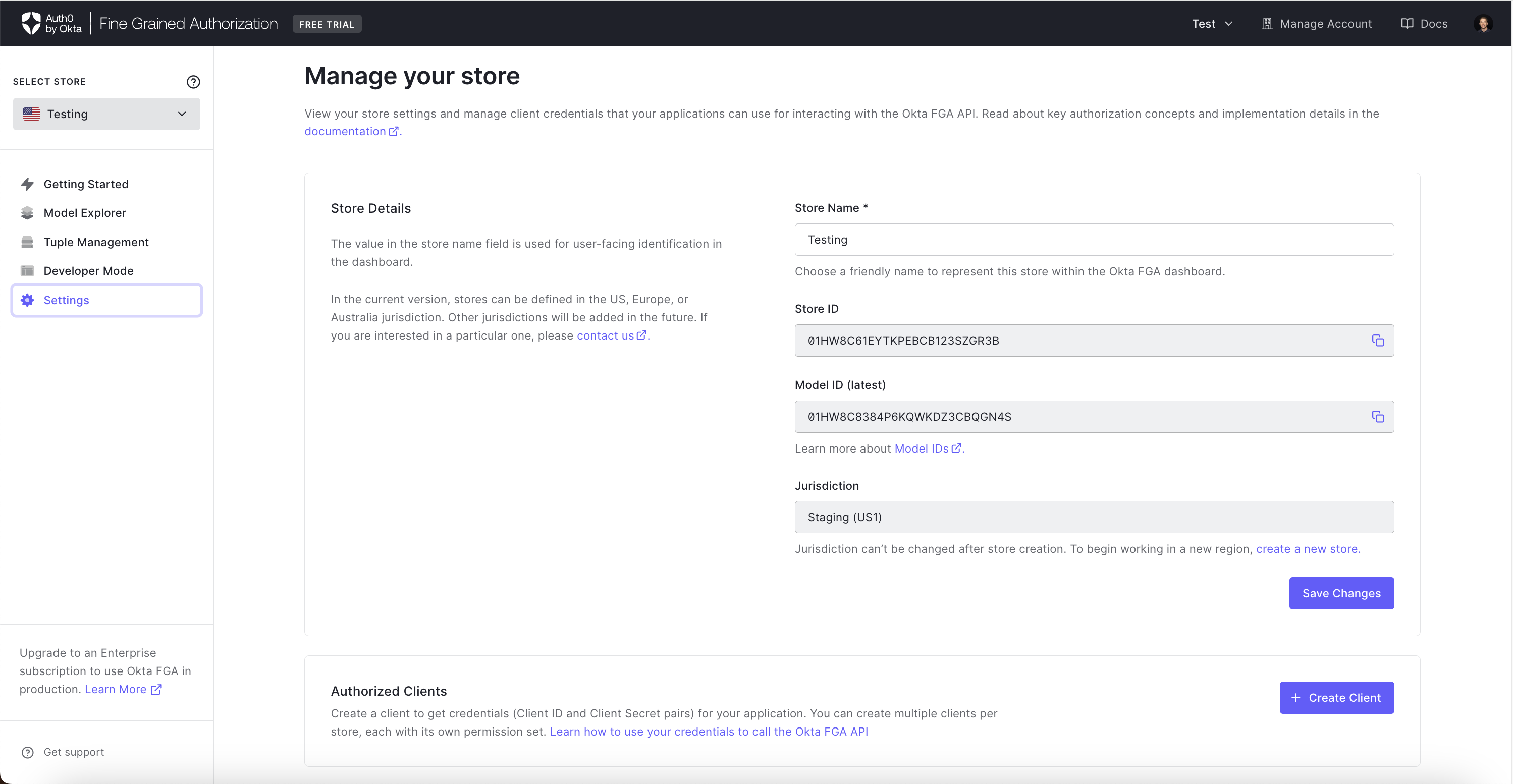 Image showing  settings page click create client