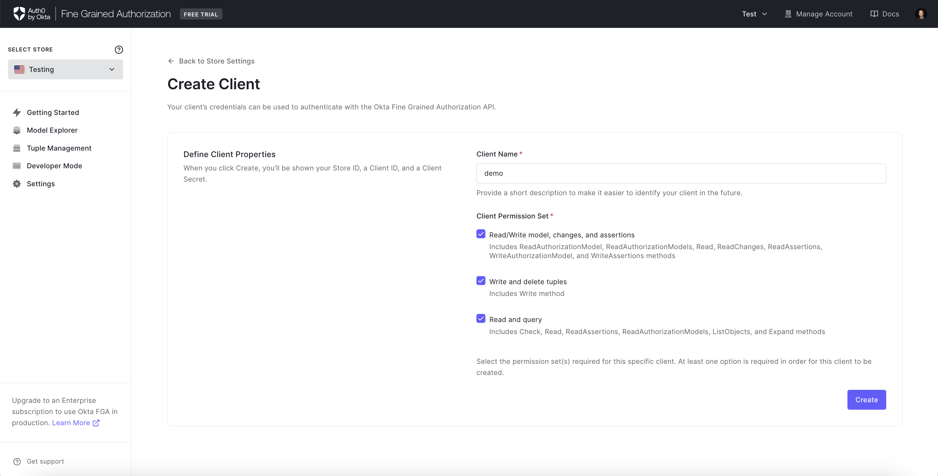 Image showing  create client page with selected permissions