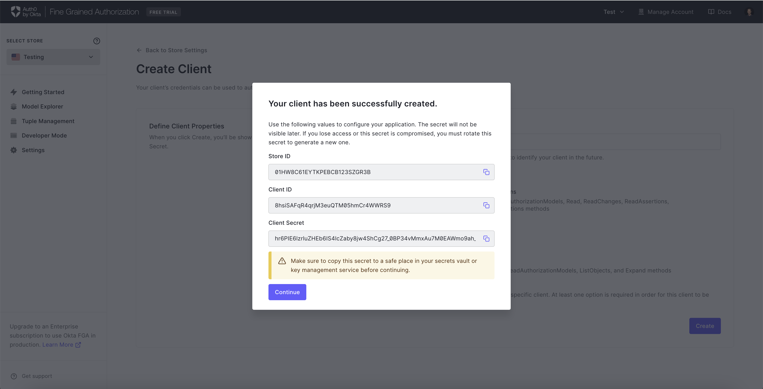 Image showing  client secret popup